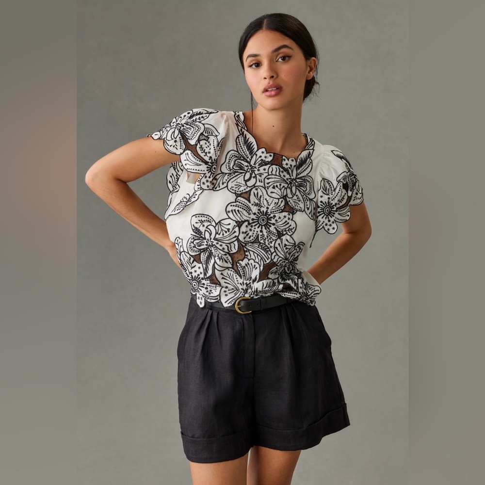 Anthropologie Embroidered Ruffle Sleeve Blouse